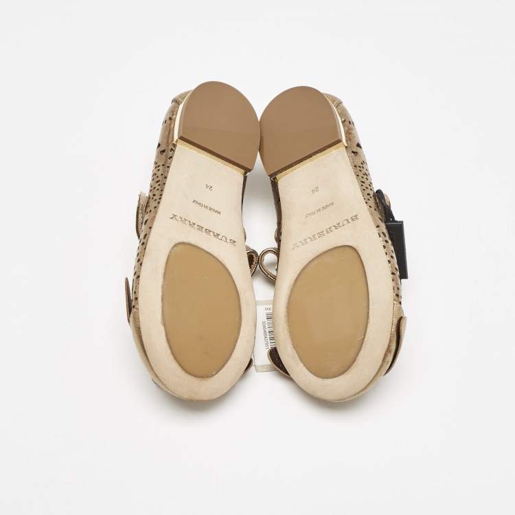 Pre Owned Burberry Gold Perforated Leather Mary Jane Ballet Flats Size 24