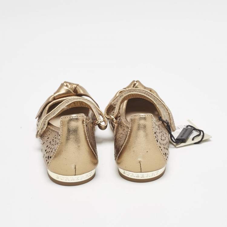 Pre Owned Burberry Gold Perforated Leather Mary Jane Ballet Flats Size 24