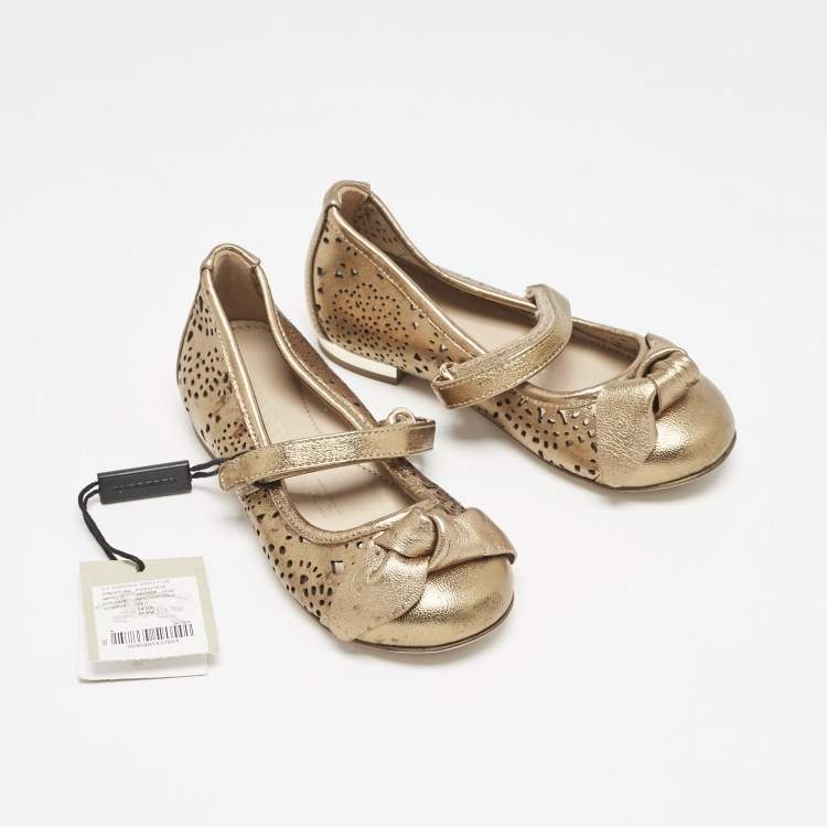 Pre Owned Burberry Gold Perforated Leather Mary Jane Ballet Flats Size 24