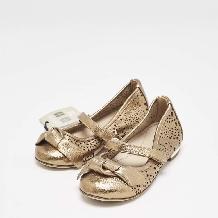 Pre Owned Burberry Gold Perforated Leather Mary Jane Ballet Flats Size 24