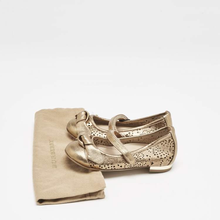 Pre Owned Burberry Gold Perforated Leather Mary Jane Ballet Flats Size 24