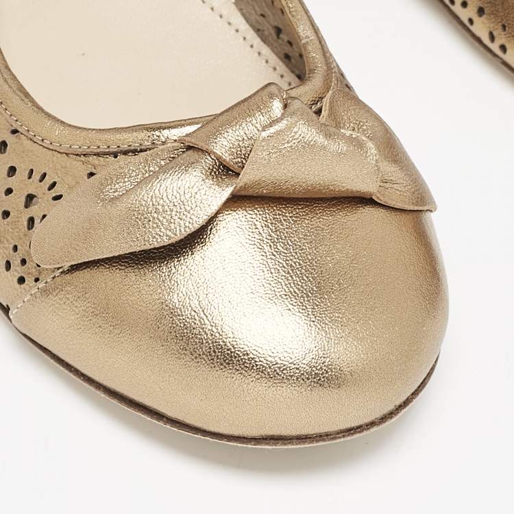 Pre Owned Burberry Gold Perforated Leather Mary Jane Ballet Flats Size 33