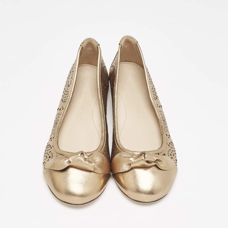 Pre Owned Burberry Gold Perforated Leather Mary Jane Ballet Flats Size 33