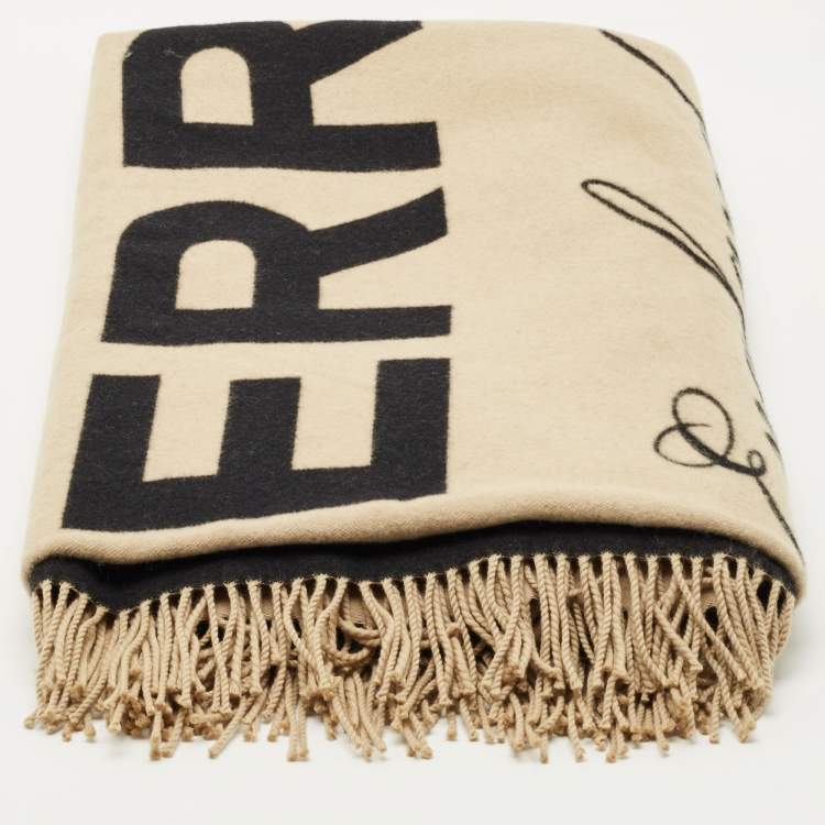 Pre Owned Burberry Beige Globe Print Cashmere and Wool Baby Blanket 