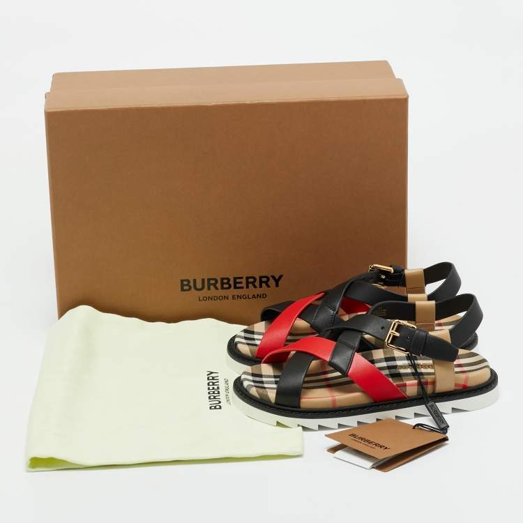Pre Owned Burberry Multicolor Leather Check Print Jane Flat Sandals Size 31