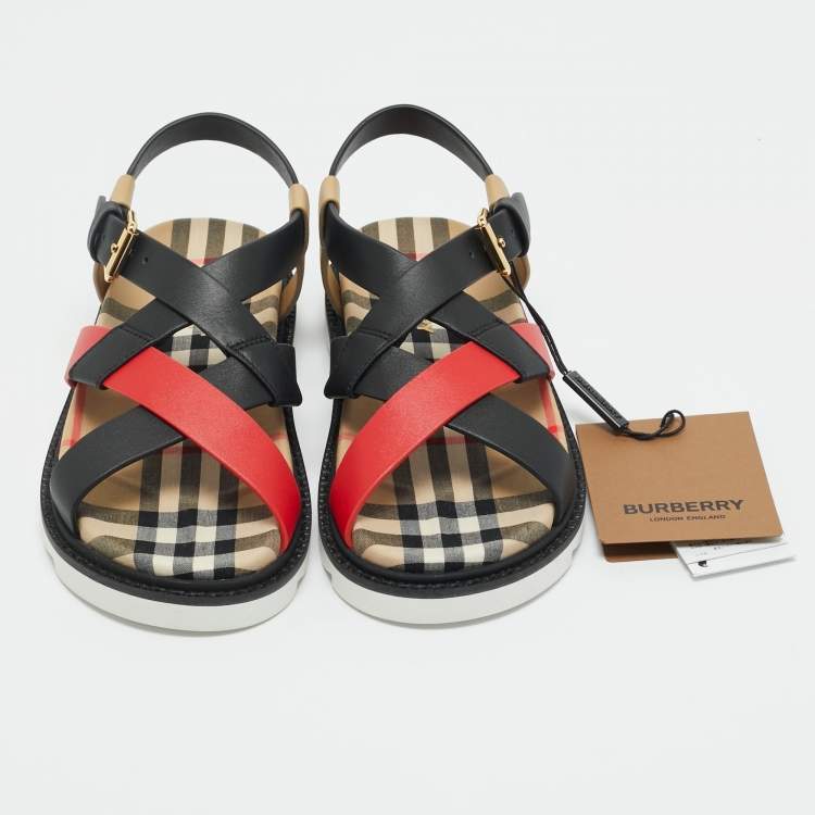 Pre Owned Burberry Multicolor Leather Check Print Jane Flat Sandals Size 31