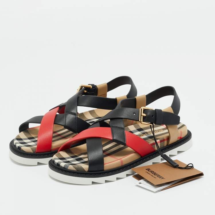 Pre Owned Burberry Multicolor Leather Check Print Jane Flat Sandals Size 31
