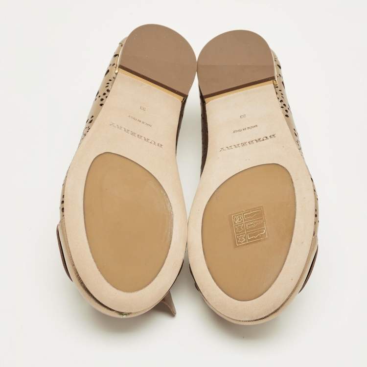 Pre Owned Burberry Gold Laser Cut Leather Ballet Flats Size 33