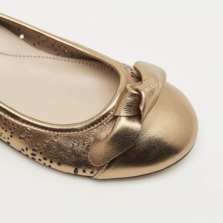 Pre Owned Burberry Gold Laser Cut Leather Ballet Flats Size 33