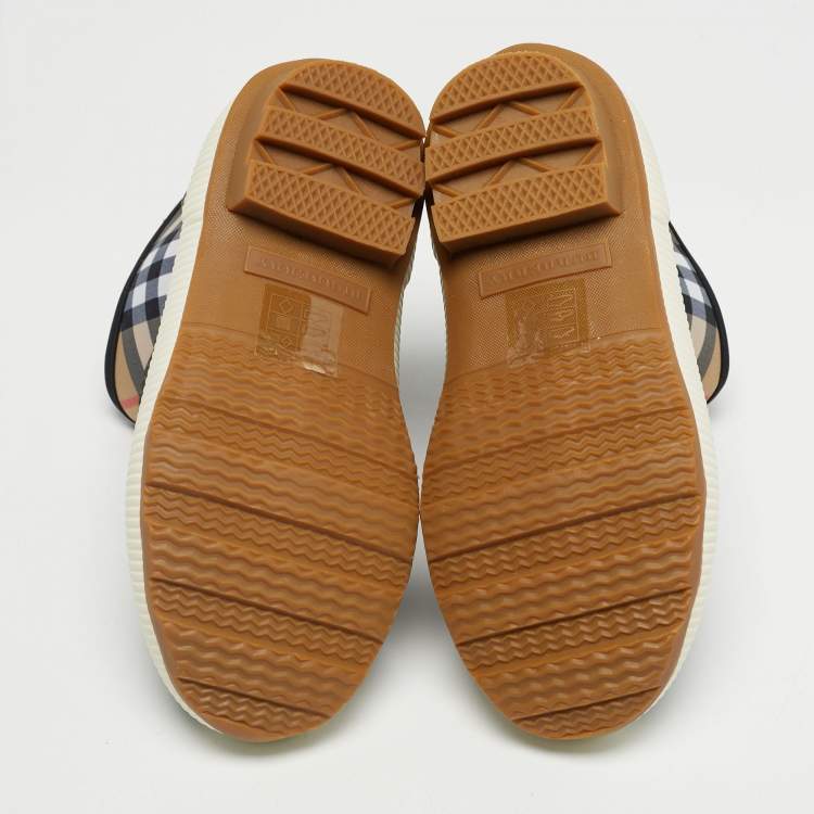 Pre Owned Burberry Olive Green Rubber and Vintage Check Neoprene Rain Boots Size 29