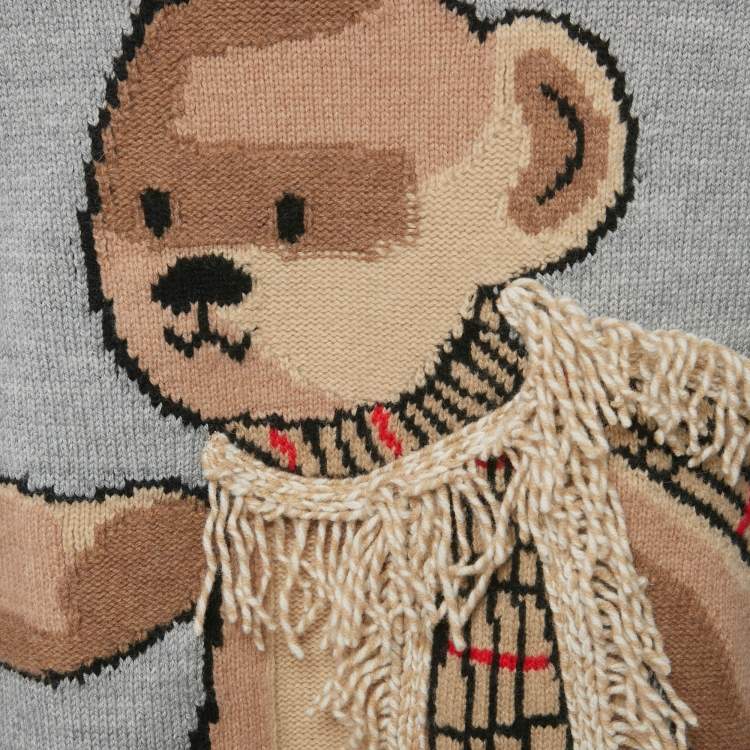 Pre Owned Burberry Kids Grey Teddy With Scarf Intarsia Wool Sweater 6Yrs