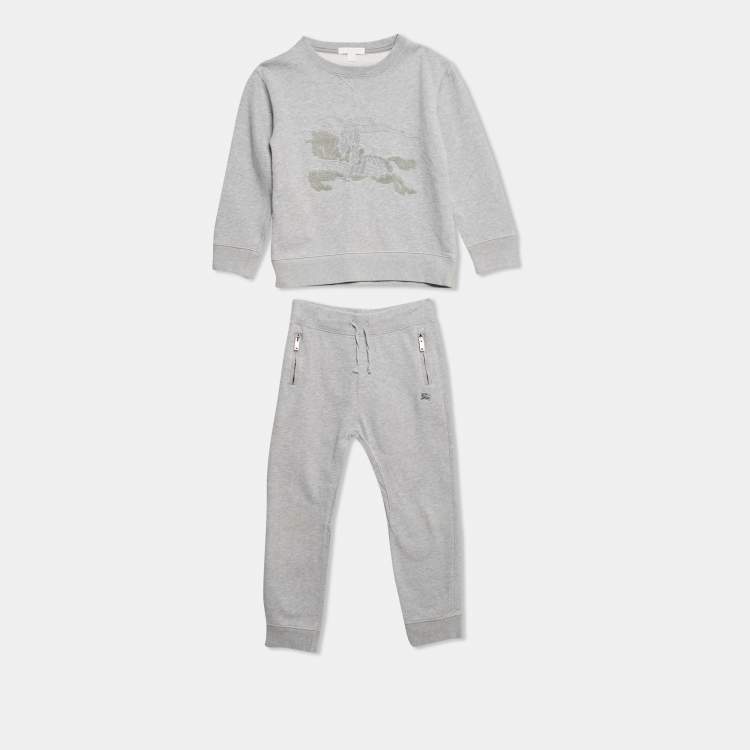 Pre Owned Burberry Children Grey Logo Embroidered Cotton Knit Sweatshirt and Sweatpants Set 8 Yrs