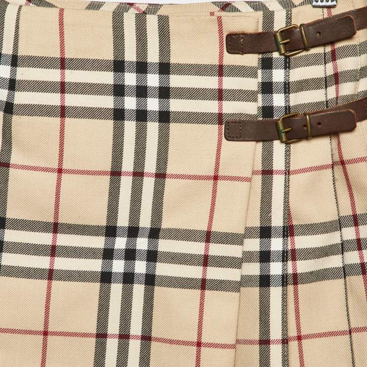Pre Owned Burberry Beige Tartan Check Wool Blend Pleated Wrap Skirt 8 Yrs