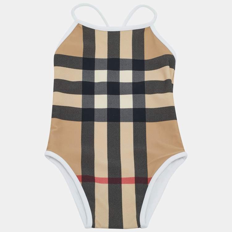 Pre Owned Burberry Kids Beige Checks Jersey Swimsuit 12M