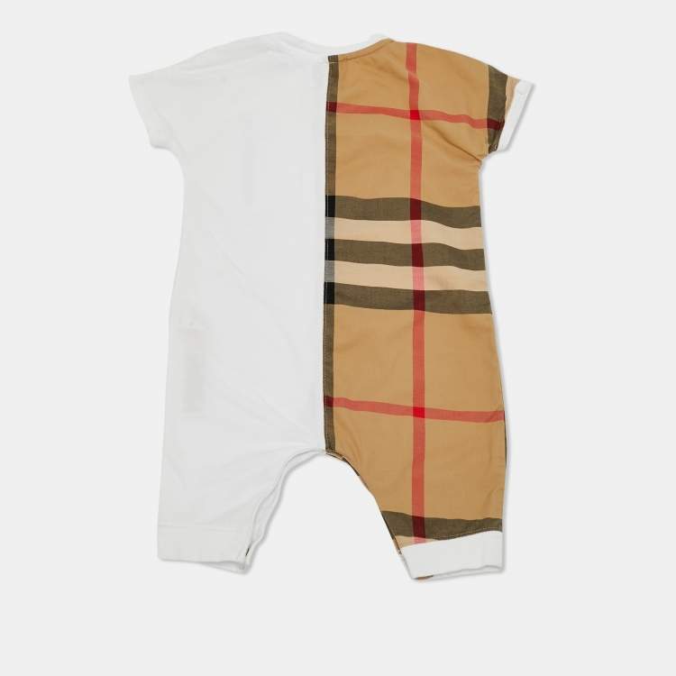 Pre Owned Burberry Kids White/Brown Checks Cotton Romper 6M