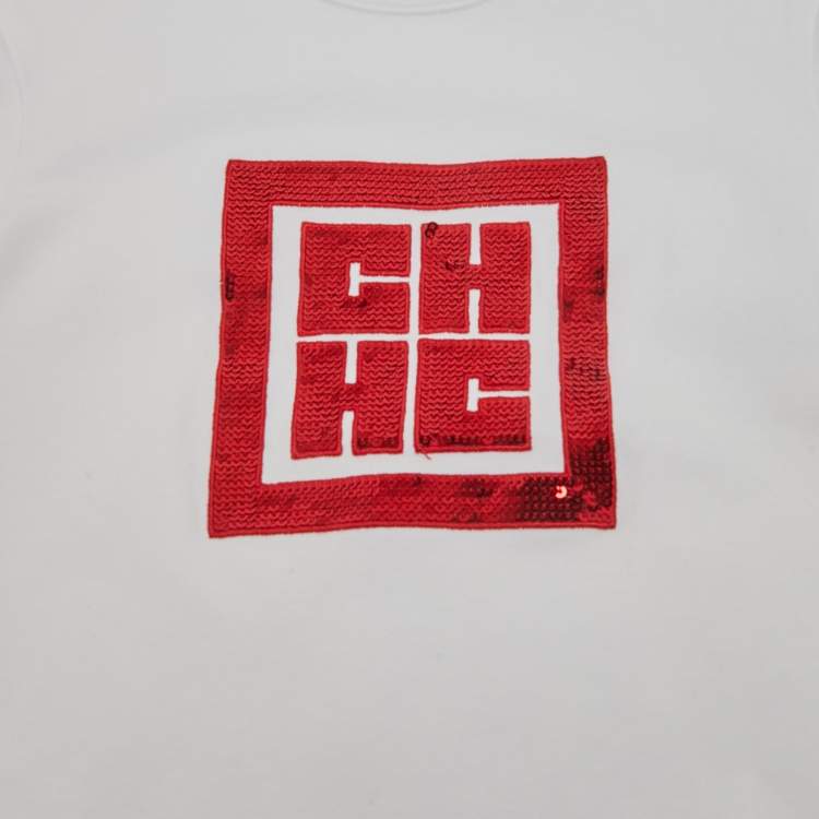 Pre Owned  Carolina Herrera Kids White Red Sequin CH Logo T-Shirt 4 Yrs