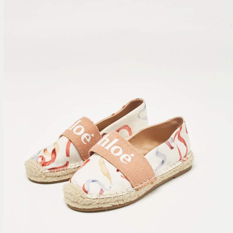 Pre Owned Chloé White/Brown Printed Fabric Woody Espadrille Flats Size 30 (kids)