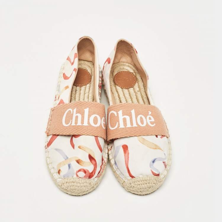 Pre Owned Chloé White/Brown Printed Fabric Woody Espadrille Flats Size 30 (kids)