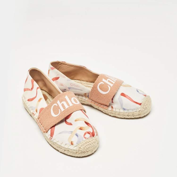 Pre Owned Chloé White/Brown Printed Fabric Woody Espadrille Flats Size 30 (kids)