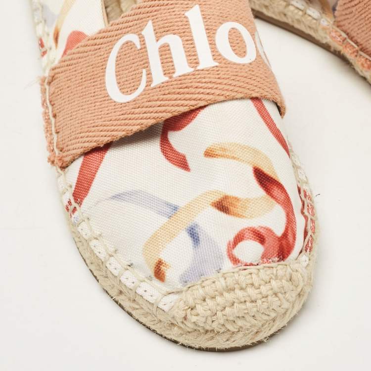 Pre Owned Chloé White/Brown Printed Fabric Woody Espadrille Flats Size 30 (kids)