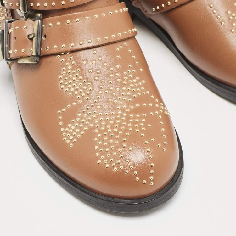 Pre Owned Chloe Brown Leather Susanna Studded Ankle Boots Size 31