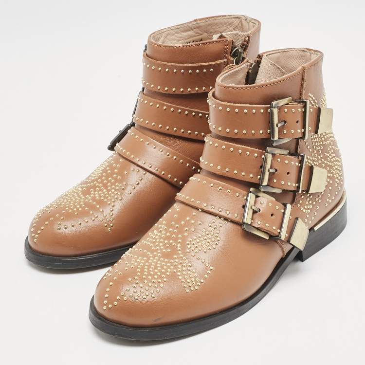 Pre Owned Chloe Brown Leather Susanna Studded Ankle Boots Size 31