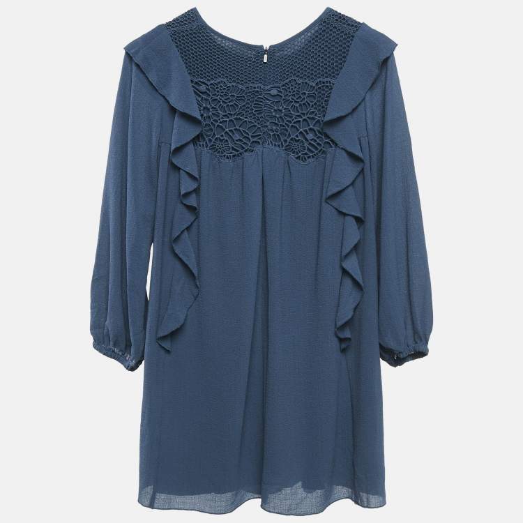 Pre Owned Chloe Blue Crepe Ruffled Lace Overlay Detail Dress 10 Yrs