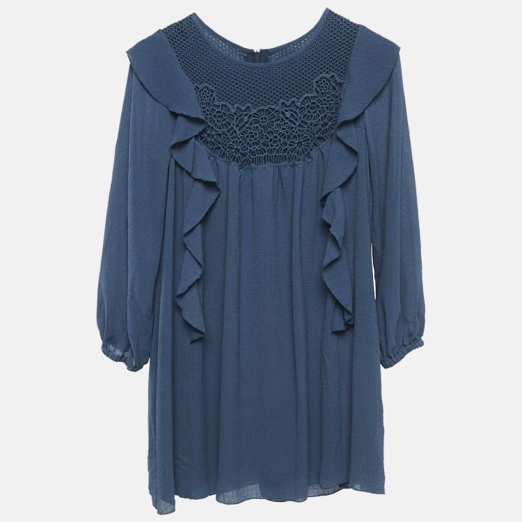 Pre Owned Chloe Blue Crepe Ruffled Lace Overlay Detail Dress 10 Yrs