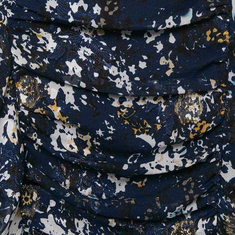 Pre Owned Chloe Kids Navy Blue Floral Print Fil-Coupe Silk Blend Ruffled Dress 12 Yrs