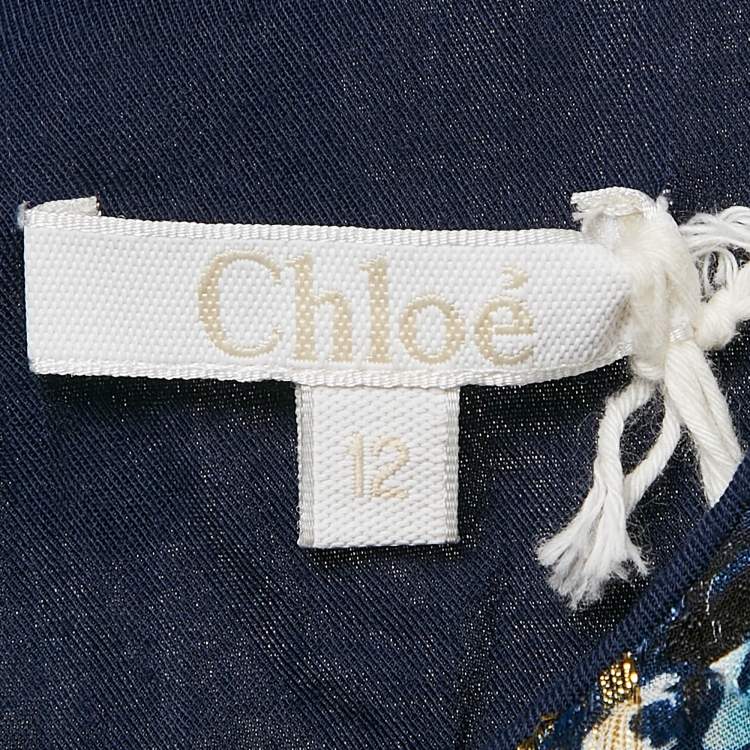 Pre Owned Chloe Kids Navy Blue Floral Print Fil-Coupe Silk Blend Ruffled Dress 12 Yrs