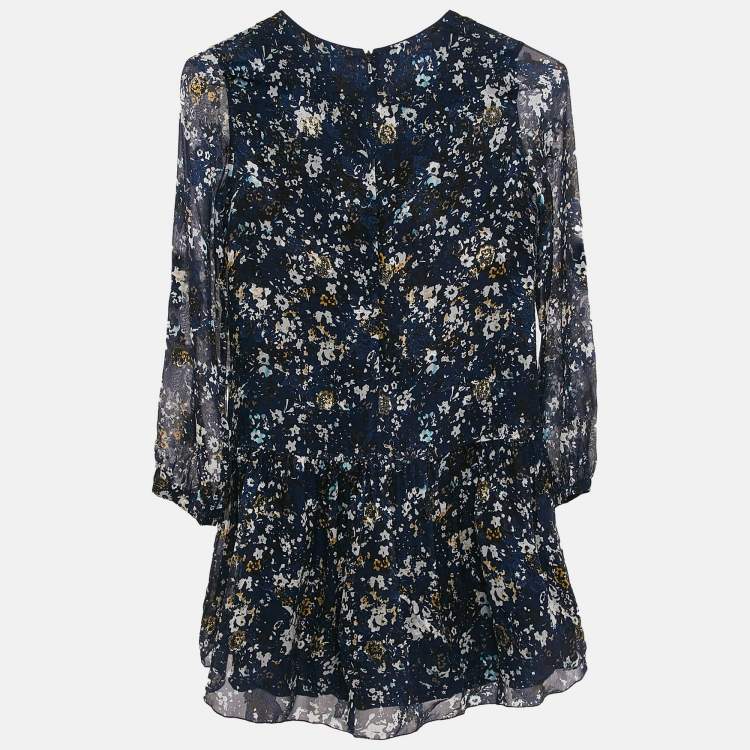 Pre Owned Chloe Kids Navy Blue Floral Print Fil-Coupe Silk Blend Ruffled Dress 12 Yrs