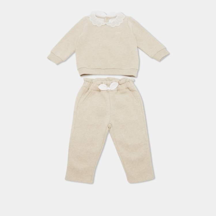 Pre Owned Chloe Kids Beige Lace Trim Collar Cotton Top and Pants Set 12M