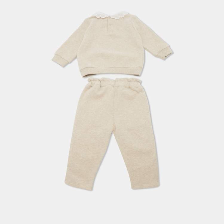 Pre Owned Chloe Kids Beige Lace Trim Collar Cotton Top and Pants Set 12M