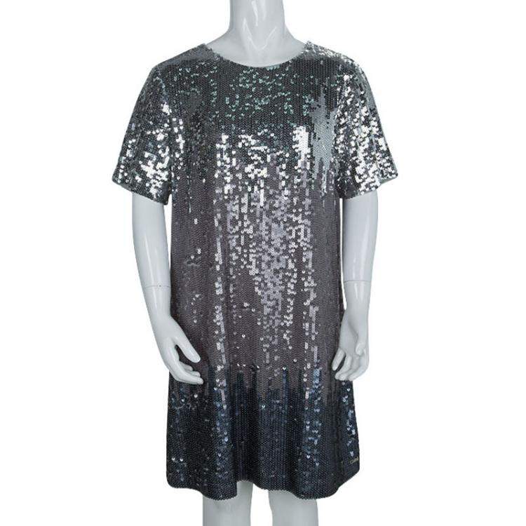 Pre Owned Chloe Silver Ombré All Over Sequin Embellished Short Sleeve Dress 10 Yrs