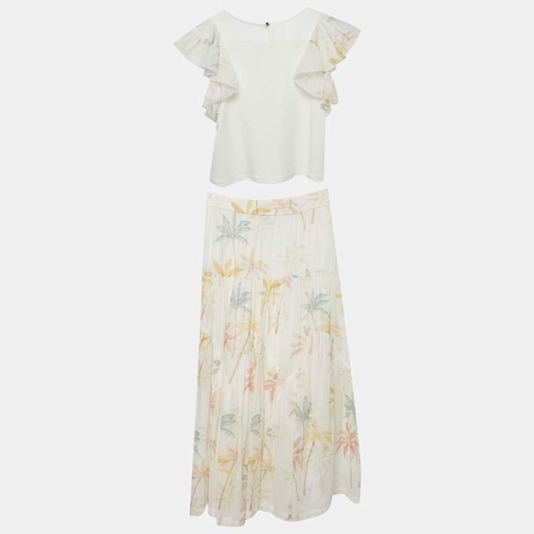 Pre Owned Chloé Kids White Palm Tree Print Cotton Ruffle Top & Skirt Set 10Yrs