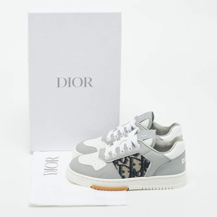 Pre Owned Dior Grey/Beige Leather and Oblique Canvas B27 Uptown Sneakers Size 27