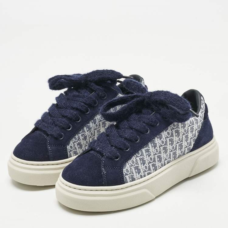 Pre Owned Dior Blue Oblique Canvas and Suede B33 Spin Sneakers