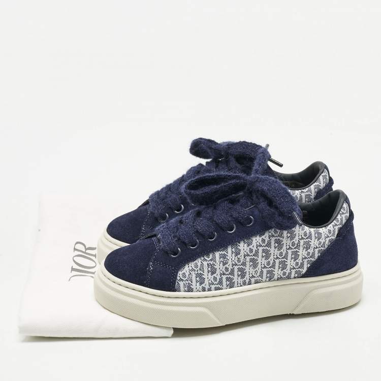 Pre Owned Dior Blue Oblique Canvas and Suede B33 Spin Sneakers