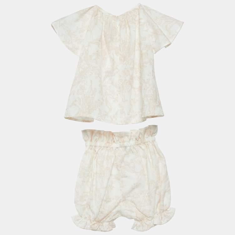 Pre Owned Dior Kids White/Pink Printed Cotton Top and Shorts Set 3 M