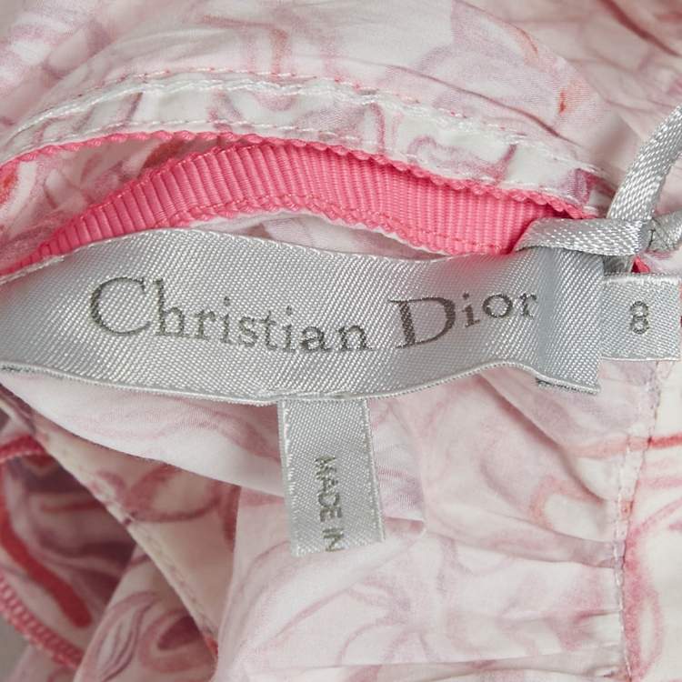 Pre Owned Christian Dior Kids Pink Printed Cotton Ruffle Detail Dress 8 Yrs