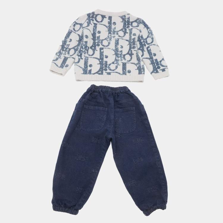 Pre Owned Baby Dior White/Blue Dior Oblique Pattern Sweater and Pants Set 24M