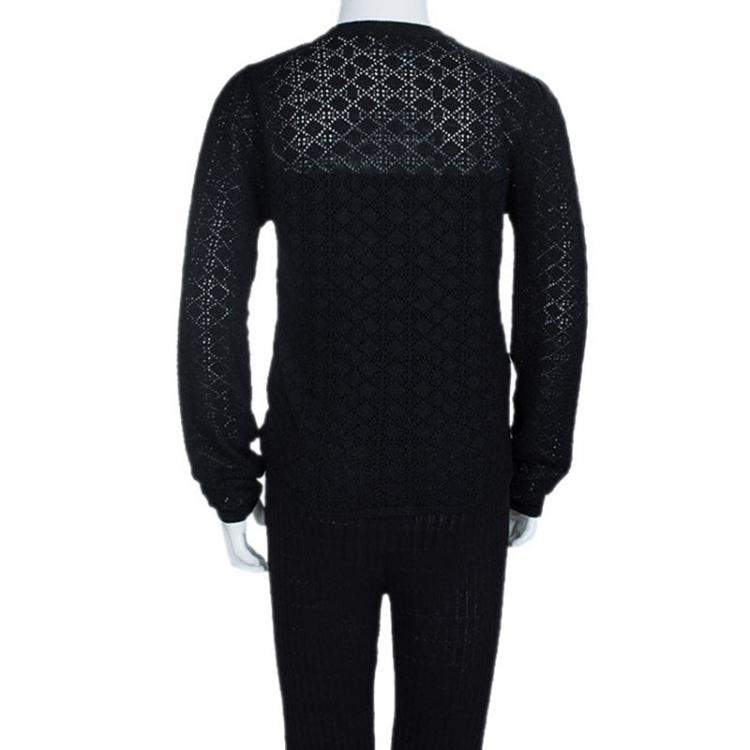 Pre Owned Dior Black Wool Perforated Diamond Pattern Buttondown Cardigan 10 Yrs