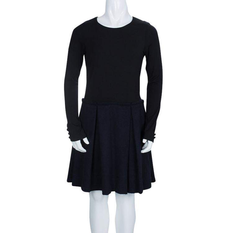Pre Owned Dior Black Wool and Jersey Box Pleat Detail Long Sleeve Dress 10 Yrs