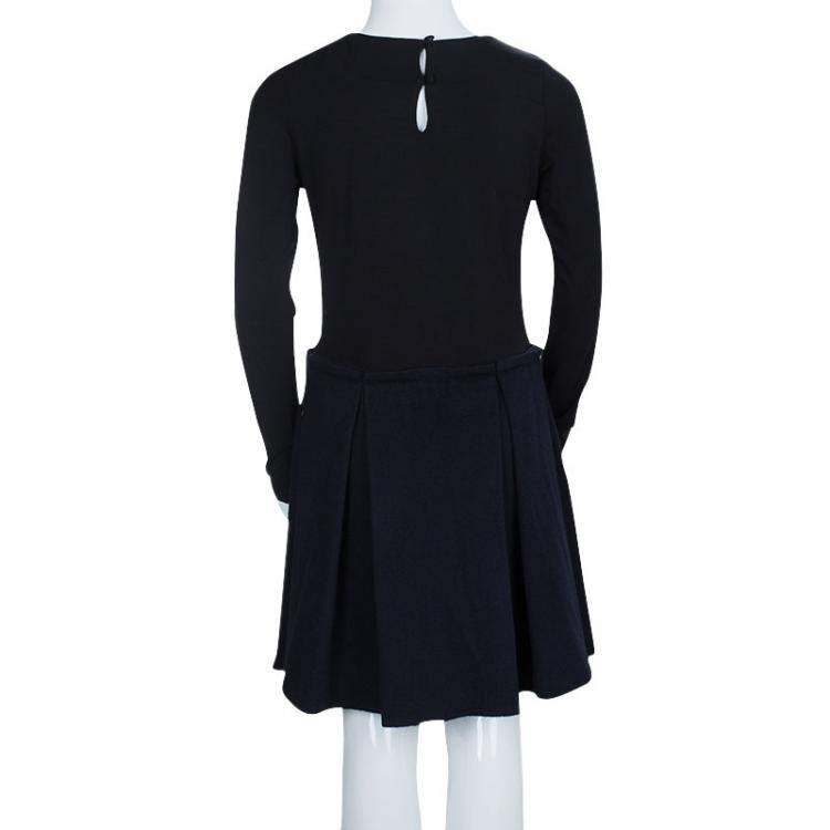 Pre Owned Dior Black Wool and Jersey Box Pleat Detail Long Sleeve Dress 10 Yrs