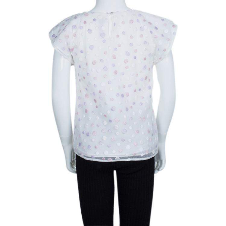 Pre Owned Dior White Mesh Multicolor Polka-Dot Embroidered Top 10 Yrs