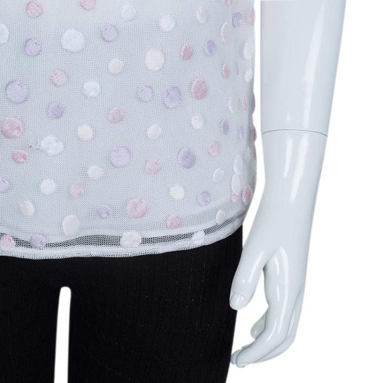 Pre Owned Dior White Mesh Multicolor Polka-Dot Embroidered Top 10 Yrs