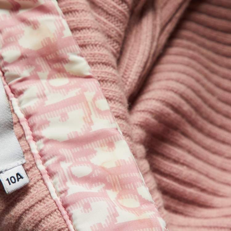 Pre Owned Christian Dior Kid Vintage Pink Rib Knit Wool Trotter Print Paneled Cardigan 10 Yrs