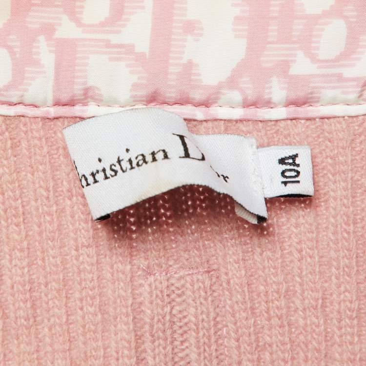 Pre Owned Christian Dior Kid Vintage Pink Rib Knit Wool Trotter Print Paneled Cardigan 10 Yrs