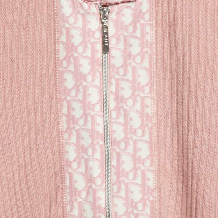 Pre Owned Christian Dior Kid Vintage Pink Rib Knit Wool Trotter Print Paneled Cardigan 10 Yrs