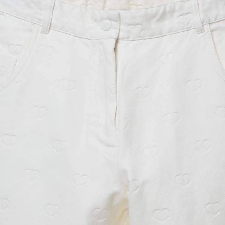 Pre Owned Dior Kids White Heart Logo Embossed Cotton Drill Wide Leg Trousers 13 Yrs